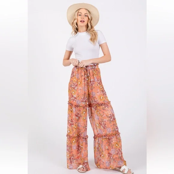 21 Boho Floral Print Ruffled Tiered Pants - Picture 1 of 5